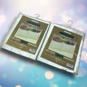 Vintage Lot 2 x NEW Bridal Satin Zippered Standard Pillowcases Ivory 21" x 27"